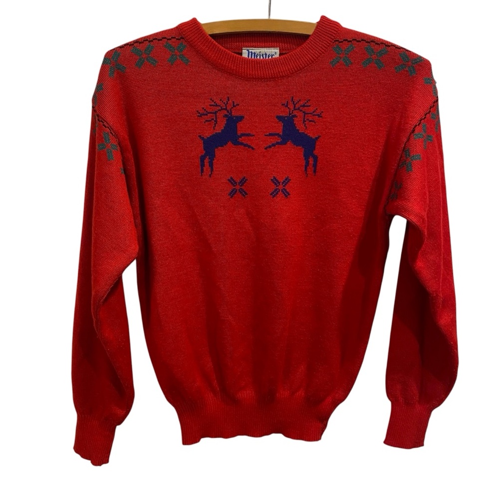 Vintage Meister Red and Blue Wool Blend Ski Sweater Reindeer Fair Isle Kids XL